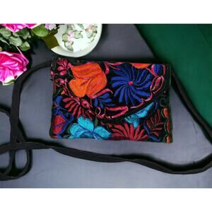 Vintage Floral Embroidered Slim Envelope Crossbody Purse Colorful Bright Black